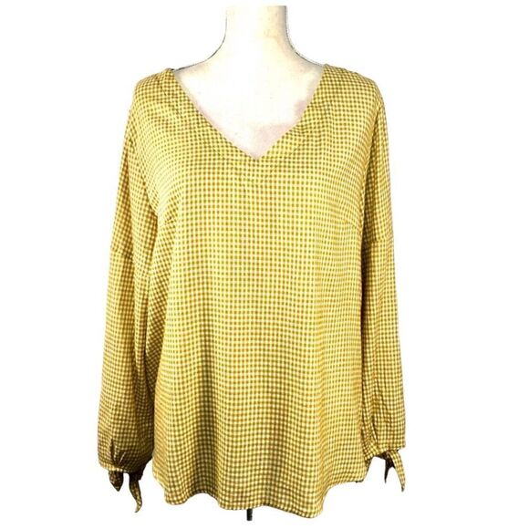 mittoshop Mustard & White Check Top Linen Blend Full Long Sleeve Size Large - Picture 1 of 9